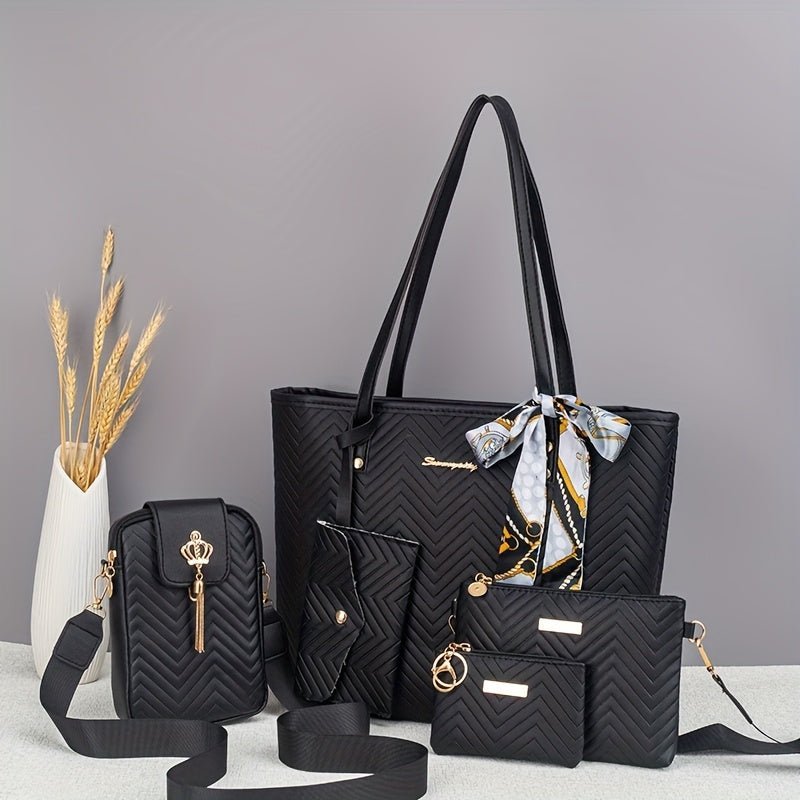 Amanda | Wave - Embroidered 5 - Piece Bag Set with Scarf - Barbara & Benjamin